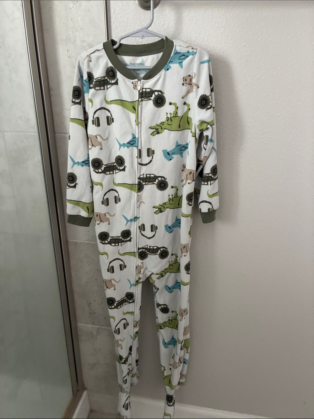 Carter's White Footed One-Piece Pajamas with Green Trim and Blue Accents